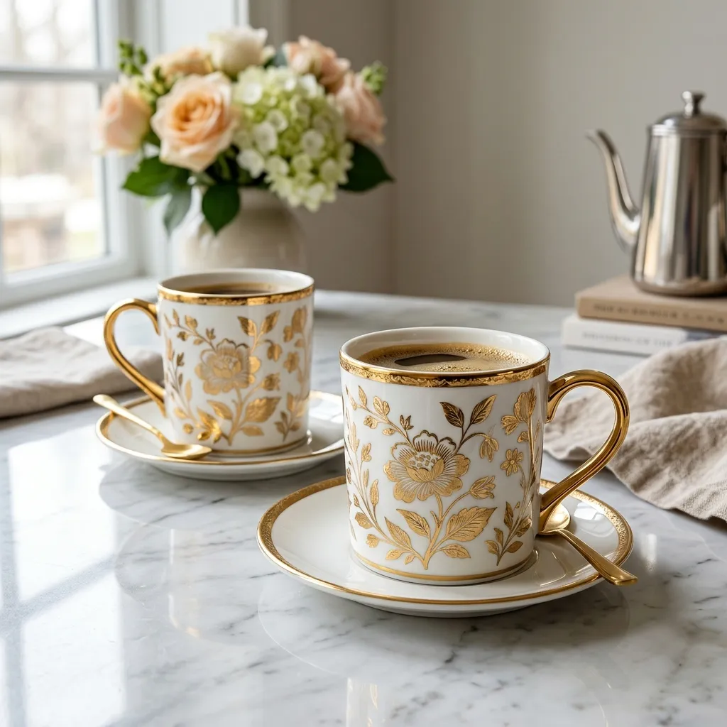 Luxury White & Gold Floral Coffee Mugs