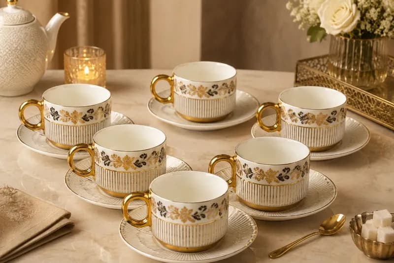 Mughal Gold & Grey Luxury Porcelain Tea Cup & Saucer Set  view 4