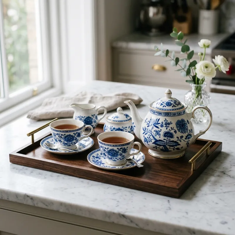 SiphoraHq Vintage Blue Floral Ceramic Tea Set with Serving Tray