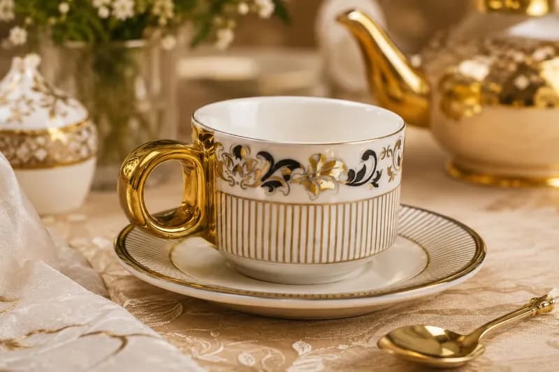 Mughal Gold & Grey Luxury Porcelain Tea Cup & Saucer Set 